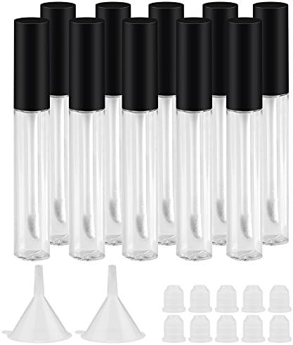 GTHER 10PCS 10ML Empty Lip Gloss Containers Tube & Black Lid & Brush Tip Applicator Wand & Funnel & Rubber Stoppers for DIY Lip Refillable Makeup, Black
