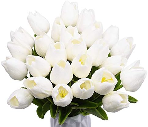 YONGSNOW 10pcs Artificial Flowers Real Touch Tulips Bouquet Fake Tulip for Wedding Home Party Decoration Bride Bouquets (White)