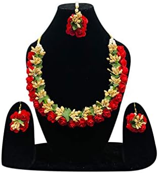 Biti Women's Floral Handmade Non-Precious Flower Design Skin Friendly Gota Patti Necklace, Earrings, Bracelet and Maang Tika Jewellery Set