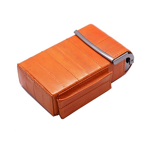 Automatic Rising Genuine Eel Skin Leather Sliding Cigarette Case with Lighter Holder (Orange) - Thumbnail 3