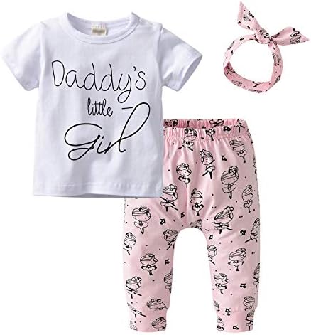 Derouetkia Newborn Baby Girls 3Pcs Outfit Set Letters Daddy Little Girl T-Shirt Tops Cartoon Pants with Headband