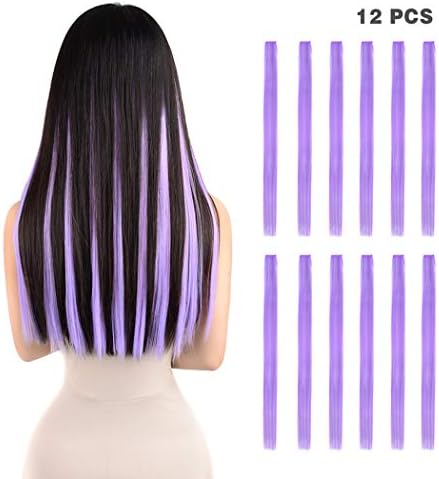 12 Pieces Party Highlights Clip in Colored Hair Extensions for Kids Girls Colorful Hair Extensions 22 inches Straight Synthetic Hairpieces Multi-Colors Light Purple Violet Hair