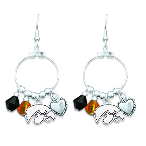 Silver Tone Fishhook Hoop Earrings Featuring Iowa Hawkeyes Logo and Heart Charm