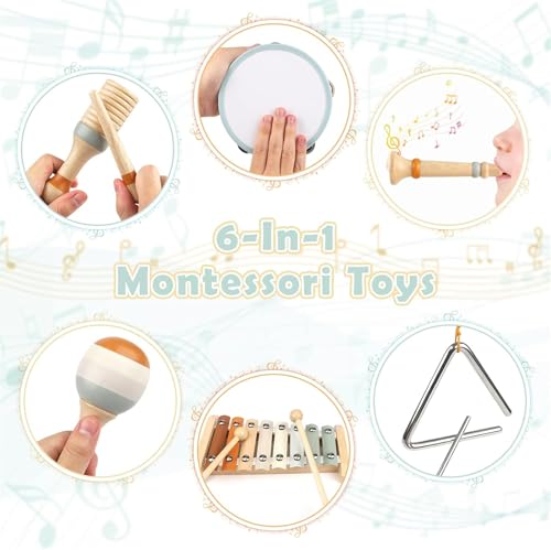 AM ANNA Toddler Musical Instruments, Montessori Toys for 1 year old, Musical toys for Toddlers 1-3 with Modern Boho Xylophone for Kids ,Natural Wooden Percussion Instruments Toy for Boys and Girls