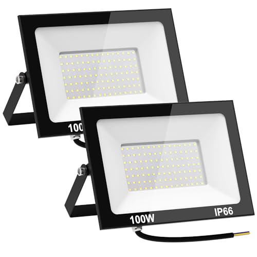 100W Reflectores Led Exteriores 2 Pack, Luz Exterior IP66 Impermeable, Iluminación Equivalente a 1000W, 6500K Luz Fría, 9000LM, Para Jardines, Terrazas, Fábricas, Muelles, Plazas Iluminación