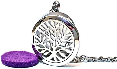 FIKA Tree of Life Aromatherapy Essential Oil Diffuser 316 Stainless Steel Pendant Necklace W/ Purple Pad