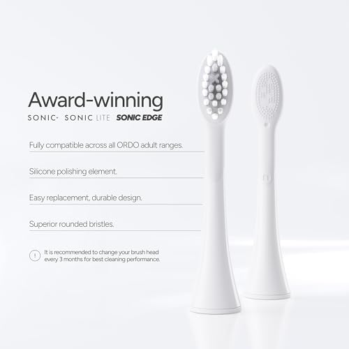 ORDO Sonic Brush Heads – Replacement Brush Heads Compatible with ORDO Sonic+, Sonic Lite and Edge Electric Toothbrush | Soft Bristles, Silicone Polishing Element | Pack of 4, White Silver