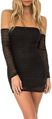 Sexy Solid Bodycon Off Shoulder Hollow Mesh Bandage Open Back Mini Dress (XL, Black)