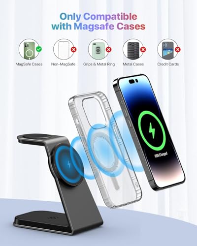 3 in 1 Wireless Charging Station for MagSafe,Aluminum Alloy Magnetic Wireless Charger,15W Fast for MagSafe Charger Stand Compatible with iPhone 17/16/15/14/13,for Apple Watch,for AirPods