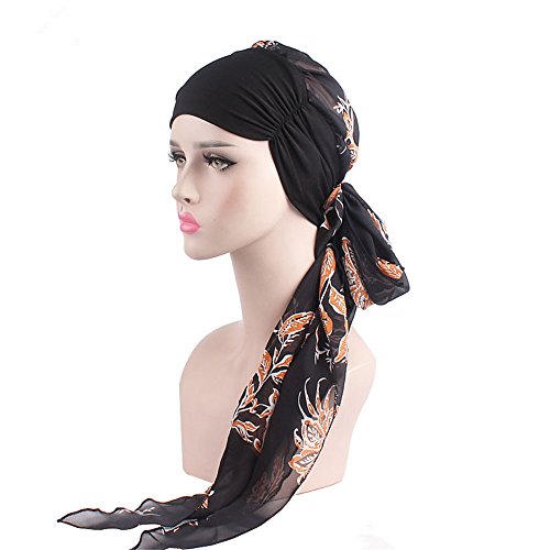 Bohemia Chemo Headwear Turban for Women Long Tail Head Scarf Head Wraps Cancer Hats (Black+Orange)