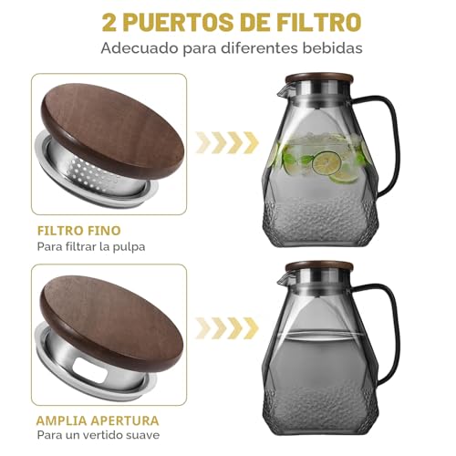 ecooe Glass Water Pitcher 1.8 Liter Glass Jug Fridge Door Glass Water Jug with Wooden Lid, Black Glass Jug for Cold/Hot Water, Juice, Milk, Coffee, Tea
