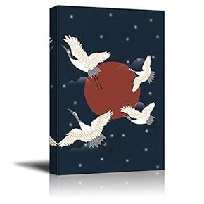 Canvas Wall Art Chinese Traditional Lucky Crane Painting Artwork for Home Prints Framed - 12x18 inches