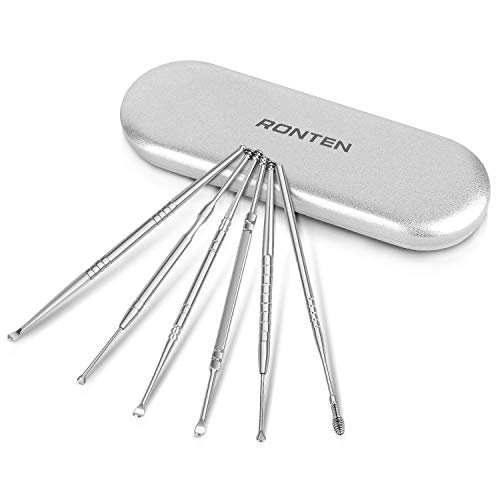 Ear Wax Removal Tool,Ronten 6pcs Ear Candles Stainless Steel Curette Earwax Removal Kit with Storage Box and Cleaning Brush, Silver