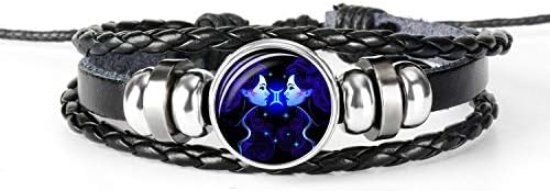 12 Constellation Zodiac Sign Black Braided Leather Cancer Leo Virgo Libra Woven Glass Dome Jewelry Punk Men