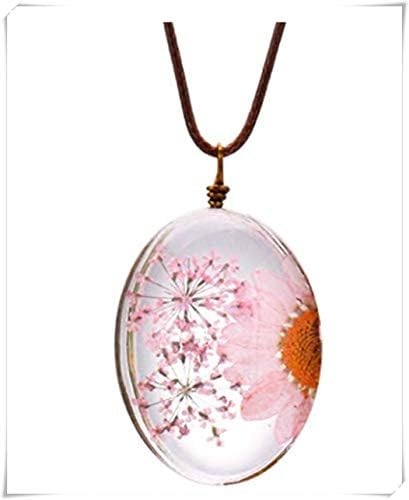 Fashion flowers Queen Anne's Lace Daisy Embossed Transparent Oval Pendant, Pink Dried Flower Necklace.