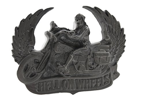TFJ Men Belt Buckle Silver Metal Motorcycle Biker Hells Wheels Skeleton Wings Western