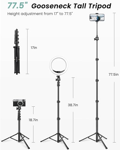 Victiv 197 cm high mobile phone tripod, flexible overhead smartphone tripod, with 25 cm adjustable gooseneck, remote shutter release for selfies, aluminium camera phone tripod for Sony DSLR and iPhone17 16 15 Pro Max