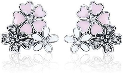 Daisy Cherry Blossom Flower Stud Earrings 925 Sterling Silver Pink Enamel CZ Earring Studs Post for Women Girls