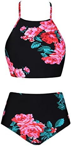 Fancyskin 2 Piece Swimsuits Retro Floral Swimwear High Neck Bikini for Womens Red,5XL