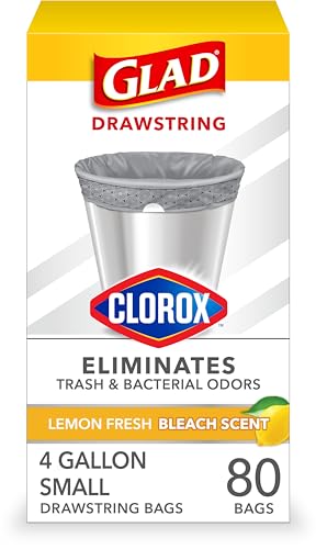 Glad Trash & Food Storage Small Drawstring Trash Bags with Clorox, 4 Gallon Grey Trash Bags, Lemon Fresh Bleach Scent, 80 Count (Package May Vary) (79