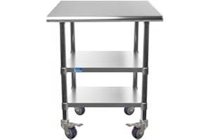 AmGood Stainless Steel Work Table with 2 Shelves and Casters | Metal Utility Table On Wheels (Stainless Steel Work Table with 2 Shelves + Casters, 24" Long x 14" Deep)
