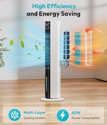 Rellytech Evaporative Air Cooler - Swamp Cooler with 3L Water Tank, 3 Modes & 3 Speeds, Remote Control, 12H Timer, 50° Oscillating Portable Bladeless Cooling Tower Fan For Room Bedroom Office