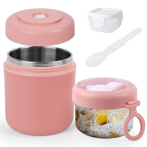 41tP Ltv78L Geekhom Müslibecher To Go 530Ml+330Ml, Joghurtbecher To Go Edelstahl - Müsli Becher Mit Löffel &Amp; Soßenbox - Auslaufsicher, Isoliert, Spülmaschinenfest, Ideal Für Arbeit, Schule, Picknick (Rosa)