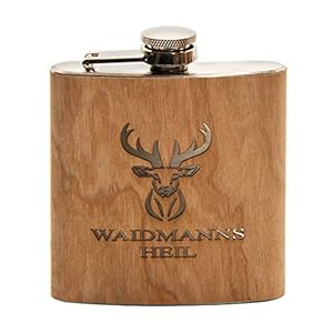 Flachmann van roestvrij staal met gravure “Waidmannsheil” | cadeaus voor jagers | jagers geschenken | heupfles van hout | cadeau-idee voor mannen | jachtgeschenk