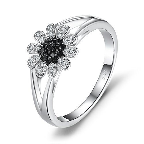 JewelryPalace Flower Round Genuine Black Spinel Ring 925 Sterling Silver Size 5
