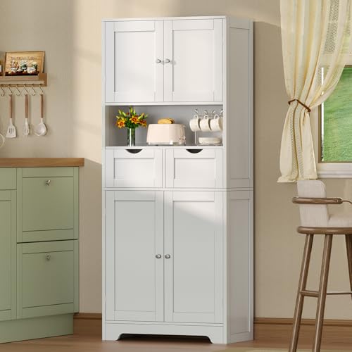 TEENFON 57.8" H Tall Bathroom Cabinet, Storage Cabinet with Adjustable Shelf & 2 Drawers, Bathroom Storage Cabinet with 4 Doors for Living Room, Dining Room, White