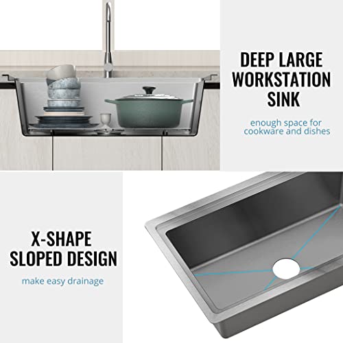 32 Inch Undermount Kitchen Sink - 304 SUS Stainless Steel Sink 16 Gauge Single Bowl Sink Drop In Workstation With Accessories Farmhouse Sink Under Counter or Top Counter (32 Inch)