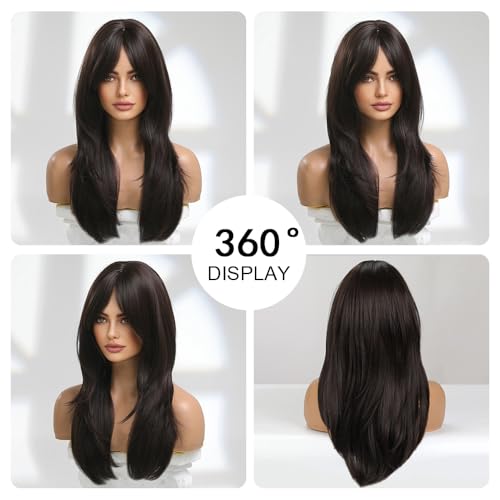 OUFEI 20 Inches Long Straight Dark Brown Gradient Synthetic Hair Wigs with Fringe for Women Daily Use for Party
