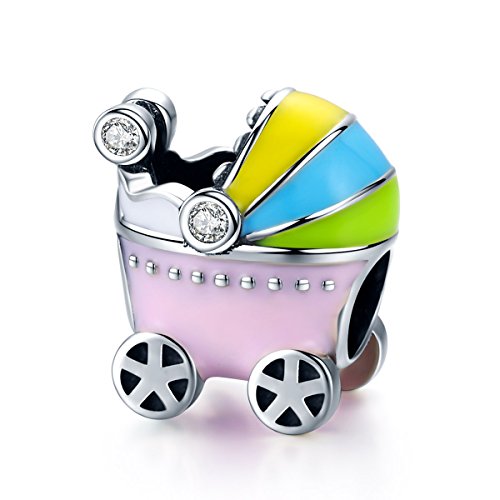 Pink Baby Carriage Charm 925 Sterling Silver Pram Charm Beads for Diy Charms Bracelet & Necklace