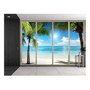 Wall26 - Palm Trees on an Island Framing The Blue Ocean Viewed from Sliding Door - Creative Wall Mural, Peel and Stick Wallpaper, Home Decor - 66x96 inches