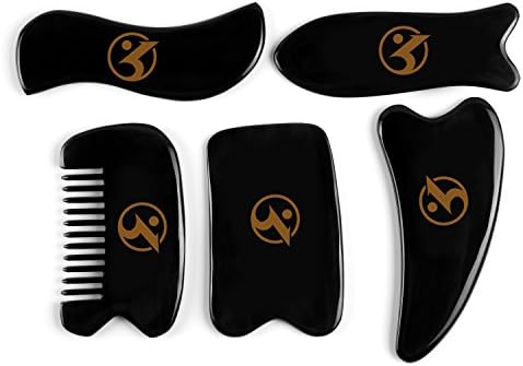 5PCS Jade Gua Sha Scraping Massage Tool Hand Made Aventurine Jade Guasha Board, Trigger Point for Graston SPA Acupuncture Therapy Treatment on Face Arm Foot Scraping Sets (Black)