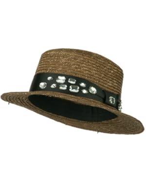 Wheat Braid Boater Hat with Stones - Brown