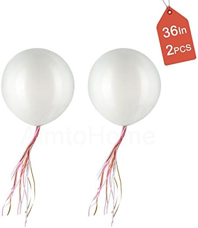 AimtoHome 36" White Balloons with Silk Ribbon Large Tassels Balloons, Jumbo Helium Latex Party Balloons for Party Decorations Supplies, Pack of 2