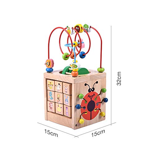 CCGTOY 6 in 1 Wooden Bead Maze Activity Cube Mult-IPurpose Activity Center Box Educational Skill Improvement Wood Toys for Kids