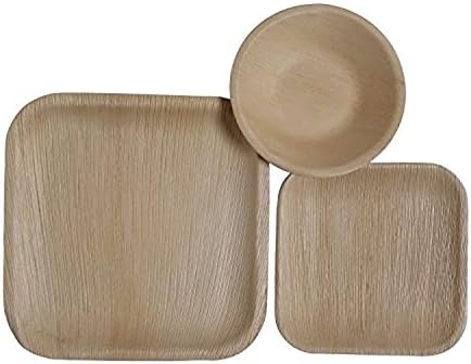 CaterEcoSquare Palm Leaf Plates Set | Pack of 225- (75) Dinner Plates and (75) Salad Plates and (75) Bowls | Ecofriendly Disposable Dinnerware | Heavy Duty Biodegradable Party Utensils