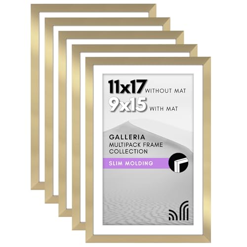 Americanflat 11x17 Picture Frame With Polished Plexiglass - Set of 5 - Use as 9x15 With Mat or 11x17 Without Mat - Galleria Collection - Gold Gallery Wall Set for Wall Display