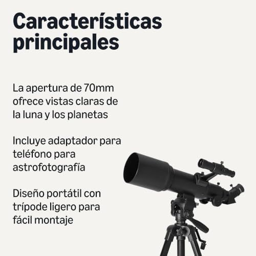 Telescópio, abertura de 70mm e montagem AZ de 400mm, portátil com tripé, suporte para telemóvel, saco, preto