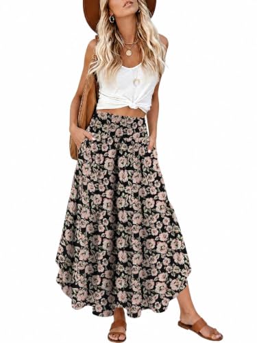 StunShow Womens High Waist Tiered Maxi Skirt with Pockets BlackBellFlower M at Amazon