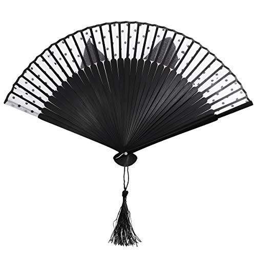 OULII Women Cartoon Cat Folding Silk Fan Handheld Fan (Black)