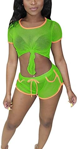 JUNBOON Women's Sexy See Though Mesh Swimsuit Cover up Sets Crop Top Short Pant 2 Pieces Outfits