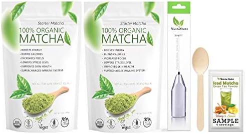 Starter Matcha 2x 12oz (5 items set) - USDA Certified Organic Ceremonial Grade Japanese Green Tea Powder Pure Vegan Unsweetened Matcha 2oz Sample of Iced Honey-Lemon Matcha