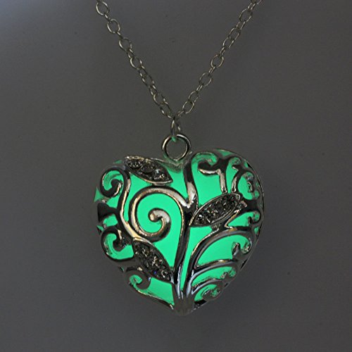 FM42 Glow in the Dark Heart Locket Pendant Necklace (Green/Blue/Purple Light)