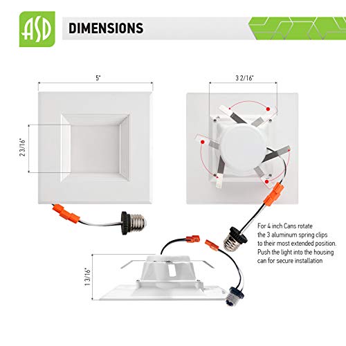 ASD 4 Inch Square Recessed LED Can Light Dimmable, Baffle Trim, 9W (40W Replace), 600Lm, CRI 90