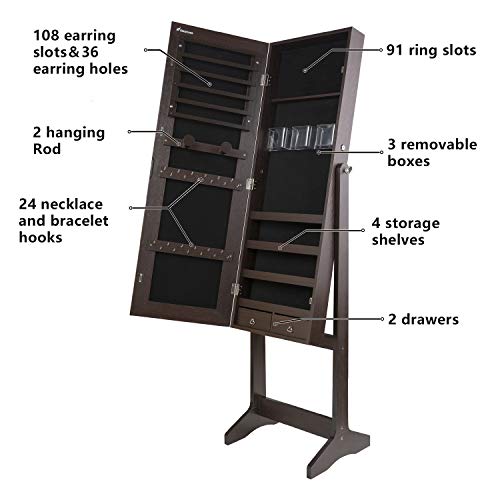 Nicetree Jewelry Cabinet with Full-Length Mirror, Standing Lockable Jewelry Armoire Organizer, 3 Angel Adjustable, Brown - Thumbnail 5