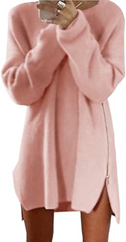 Women Long Sleeve Knitted Casual Sweater Dress Mini Side Zipper Loose Jumper