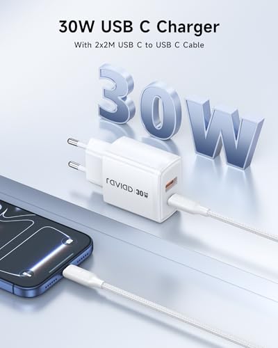 RAVIAD 30W USB C Charger Fast Charging, GAN 2-Port Type C Charger and Type C Cable Quick Charge 2M, 2 Pack Fast Charging Charger for iPhone 17 16 15 14 13 Pro MAX, Galaxy S25 S24 S23, Pad, Macbook